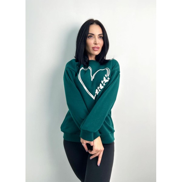 Свитшот женский трикотажный утепленный с принтом сердце зеленый F-Girl