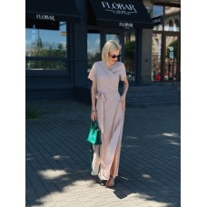 Плаття жіноче довге в горох з рукавом бежеве