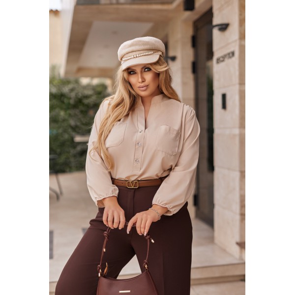 Класична жіноча софтова блузка з кишенями бежева F-Girl