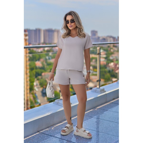 Костюм летний женский креповый с пуговицами бежевый F-Girl