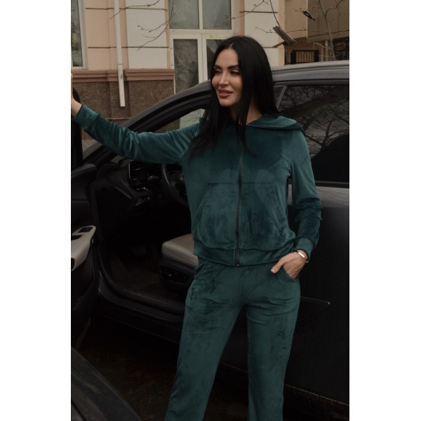 Костюм женский велюровый с карманами изумрудный F-Girl
