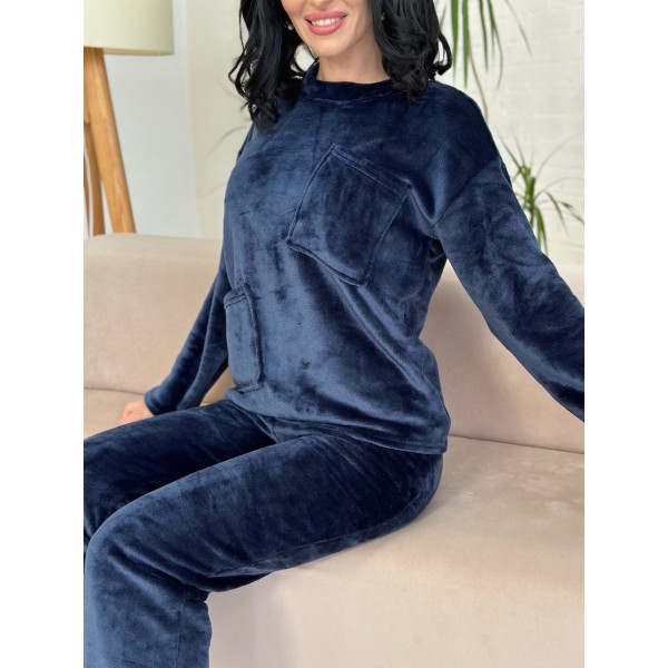 Домашний костюм женский махровый с карманами синий F-Girl