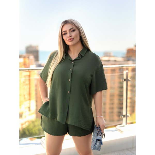 Костюм жіночий креповий сорочка та шорти жатка хакі F-Girl