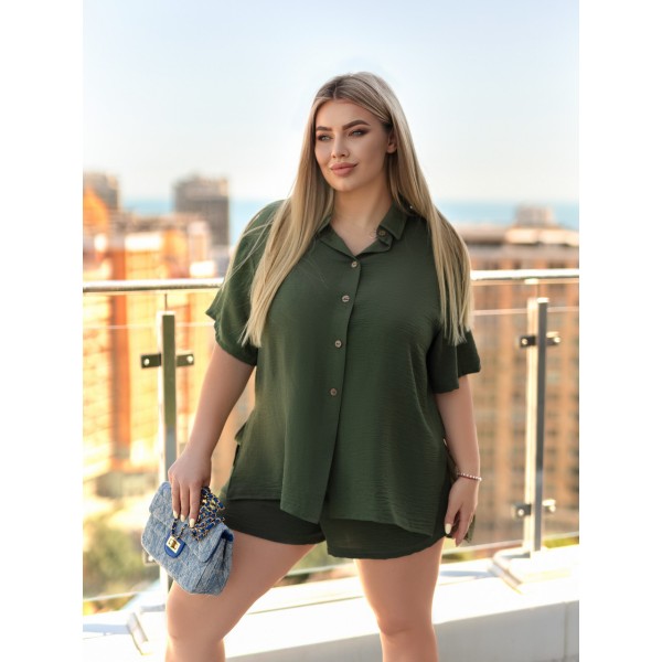 Костюм женский креповый рубашка и шорты жатка хаки F-Girl