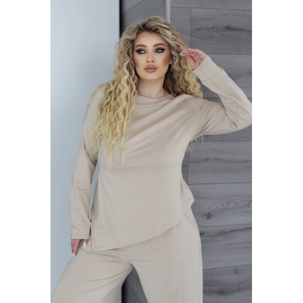 Костюм женский трикотажный с асимметричным лонгсливом бежевый F-Girl