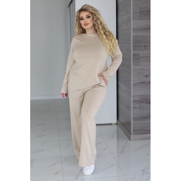 Костюм женский трикотажный с асимметричным лонгсливом бежевый F-Girl