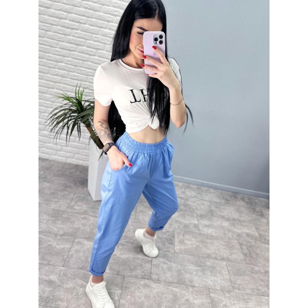 Штаны женские хлопковые летние с подворотом голубые F-Girl
