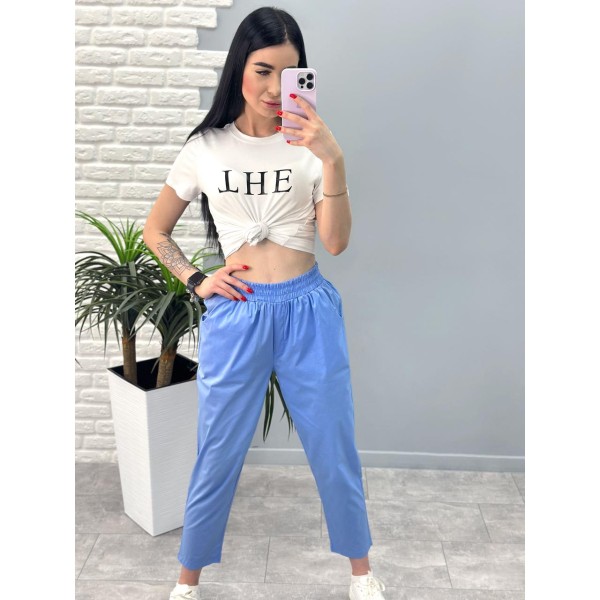 Штаны женские хлопковые летние с подворотом голубые F-Girl