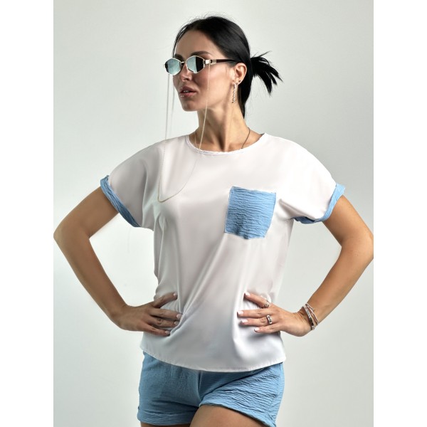 Костюм женский софтовый с шортами блуза голубой F-Girl