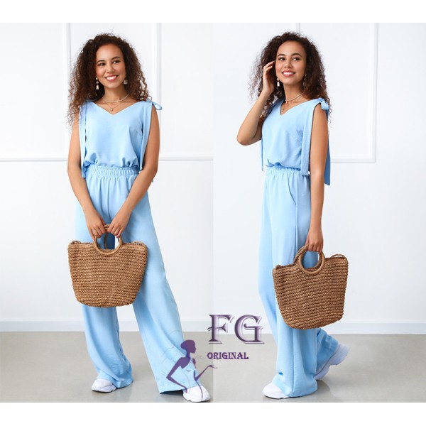 Костюм жіночий креповий з широкими штанами блакитний F-Girl