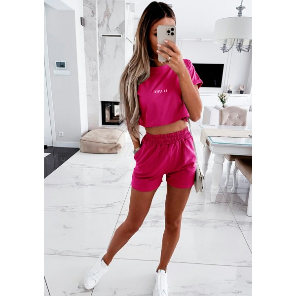 Спортивний костюм жіночий трикотажний футболка шорти малиновий F-Girl