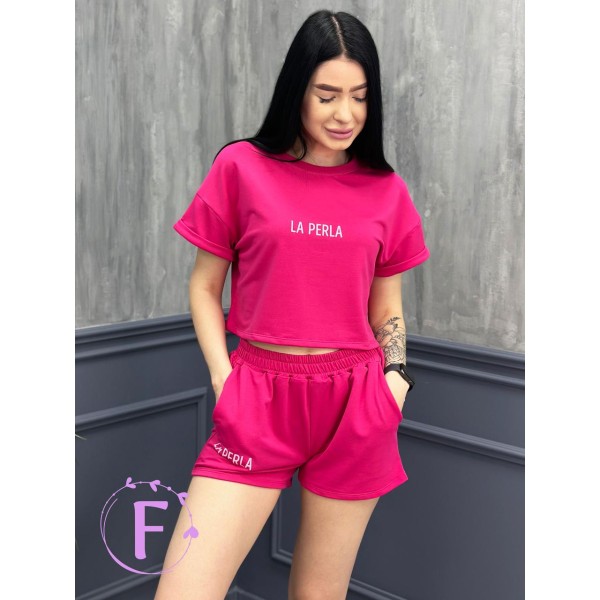 Спортивний костюм жіночий трикотажний футболка шорти малиновий F-Girl