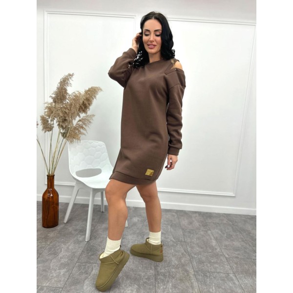 Платье женское теплое с булавкой флис шоколад F-Girl