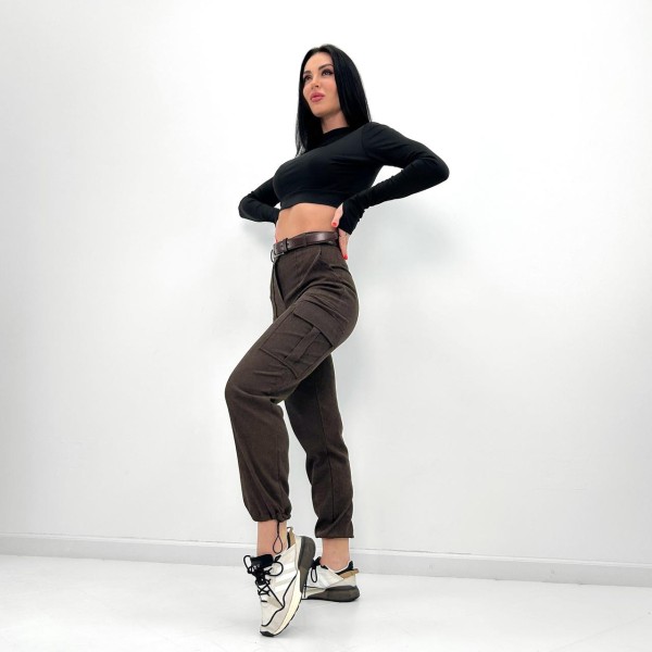 Брюки карго женские вельветовые на завязках шоколадные F-Girl