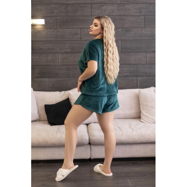 Велюрова піжама жіноча комплект футболка шорти смарагдова F-Girl