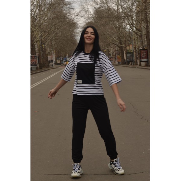 Спортивный костюм женский хлопковый в полоску черный F-Girl