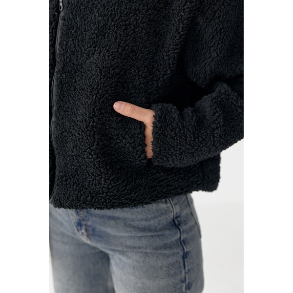 Пальто женское короткое из экомеха teddy на молнии черное Lurex