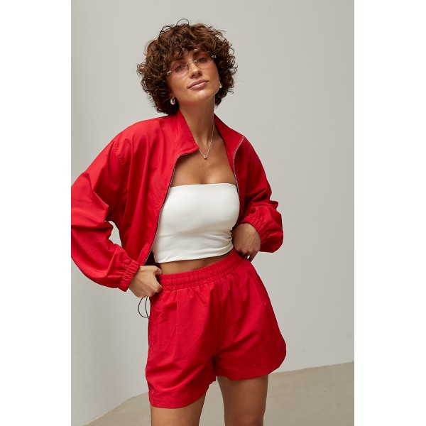 Костюм спортивный ветровка шорты плащевка красный Lurex