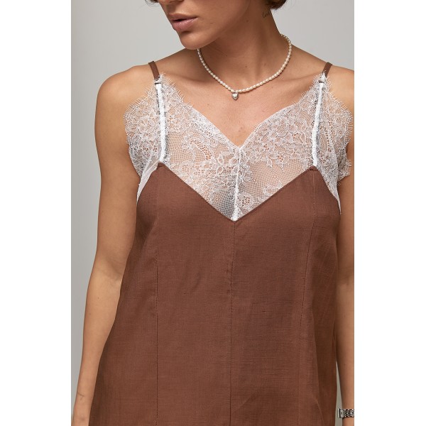 Сукня-сарафан жіноча лляна з мереживом коричнева Lurex