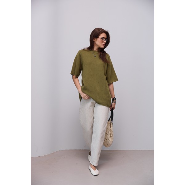 Кофта женская оверсайз короткий рукав хаки Lurex