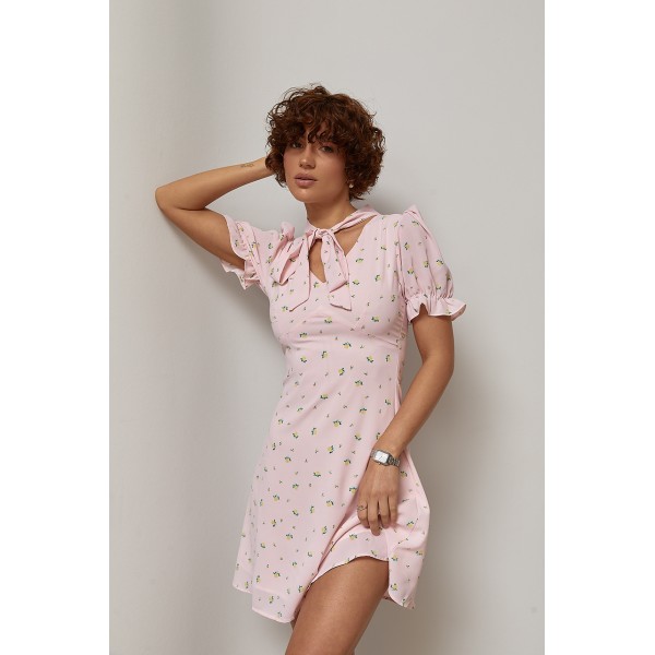 Платье женское мини цветочное с фонариками розовое Lurex