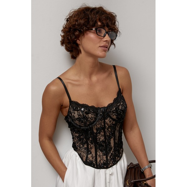 Корсет жіночий мереживний з паєтками чорний Lurex