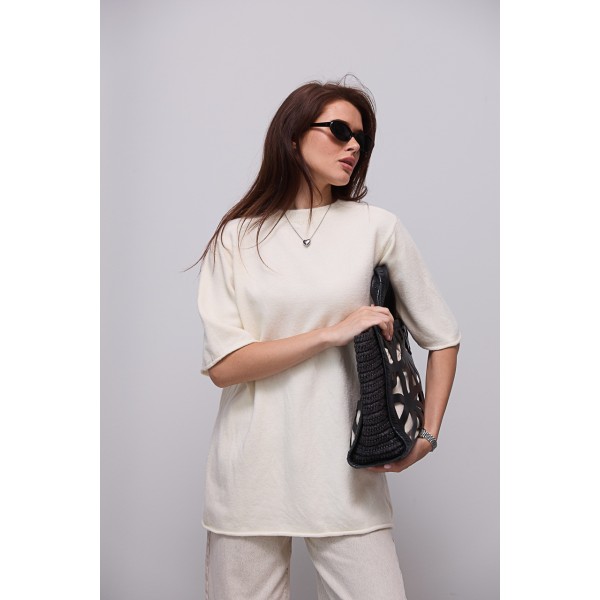 Кофта жіноча оверсайз короткий рукав молочна Lurex