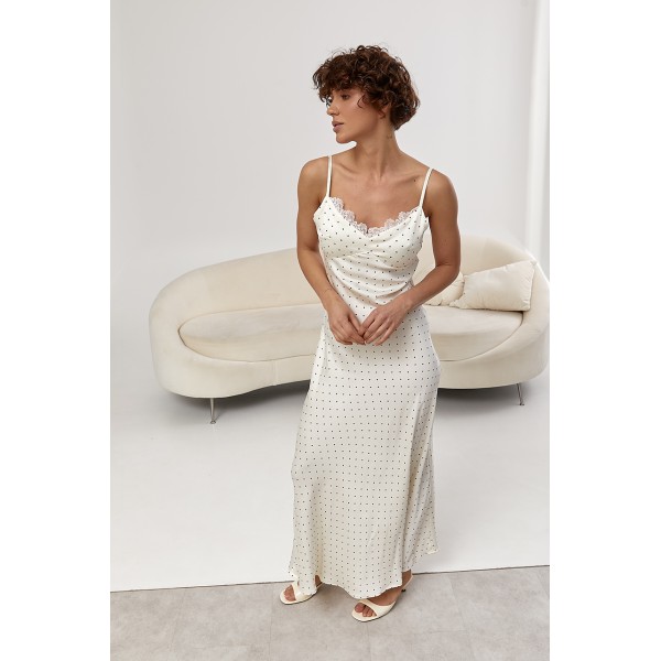 Плаття жіноче атласне в горох з мереживом Lurex