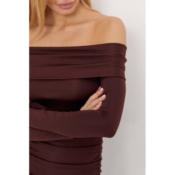 Платье женское вечернее с открытыми плечами коричневый Lurex
