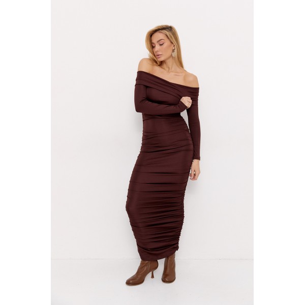 Платье женское вечернее с открытыми плечами коричневый Lurex