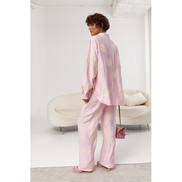 Костюм женский рубашка брюки прямые пляжный пудра Lurex