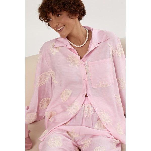 Костюм женский рубашка брюки прямые пляжный пудра Lurex
