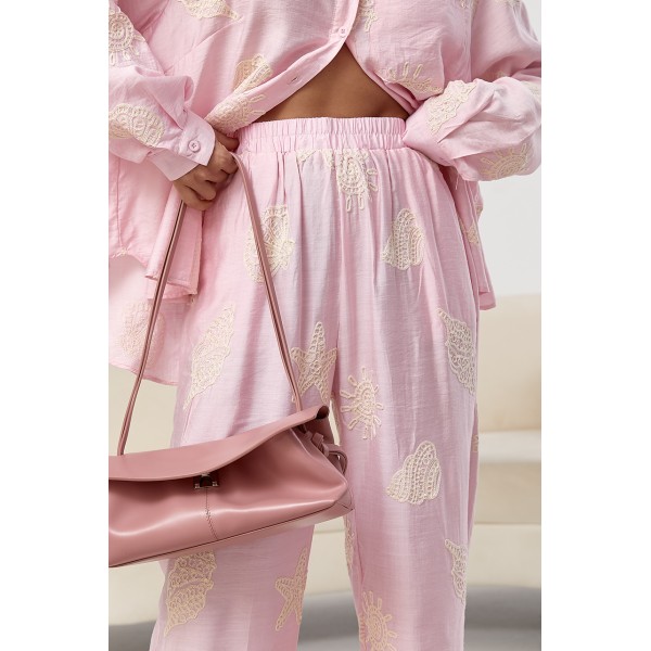 Костюм женский рубашка брюки прямые пляжный пудра Lurex