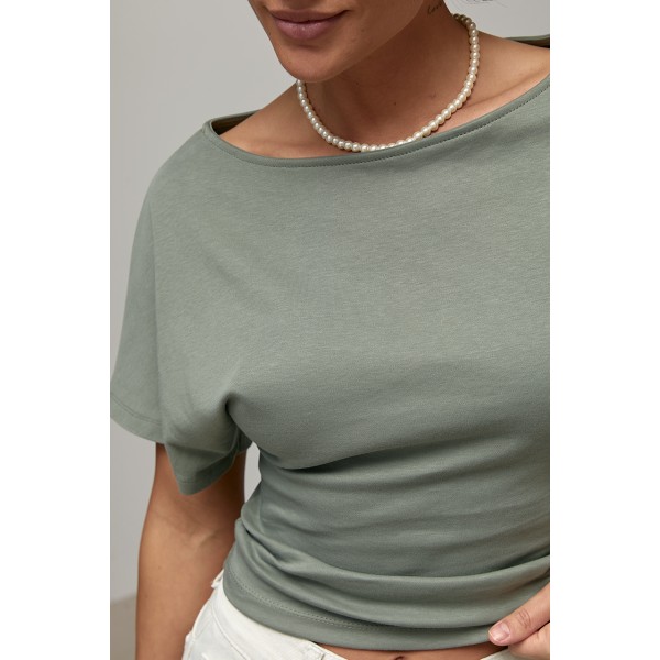 Футболка женская приталенная с лодочкой хлопок хаки Lurex