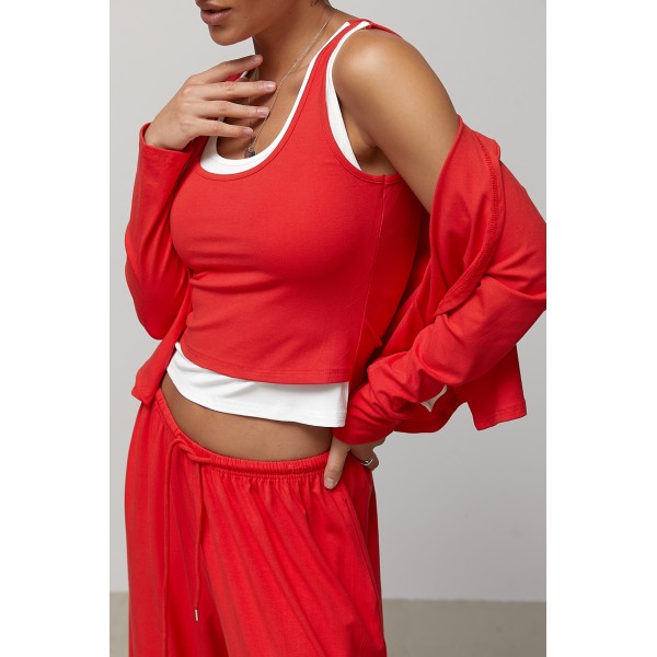 Костюм жіночий трикотажний вільний трійка червоний Lurex