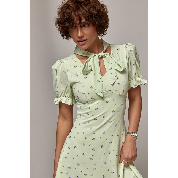 Платье женское мини цветочное с фонариками салатовое Lurex