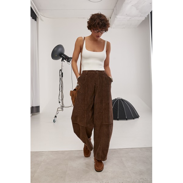 Брюки женские вельветовые багги укороченные коричневые Lurex