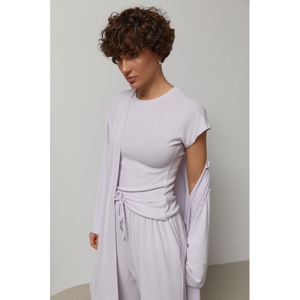 Костюм женский трикотажный тройка с кардиганом лавандовый Lurex