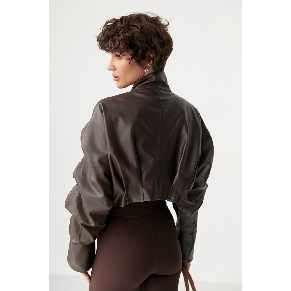 Куртка жіноча екошкіряна укорочена з коміром коричнева Lurex