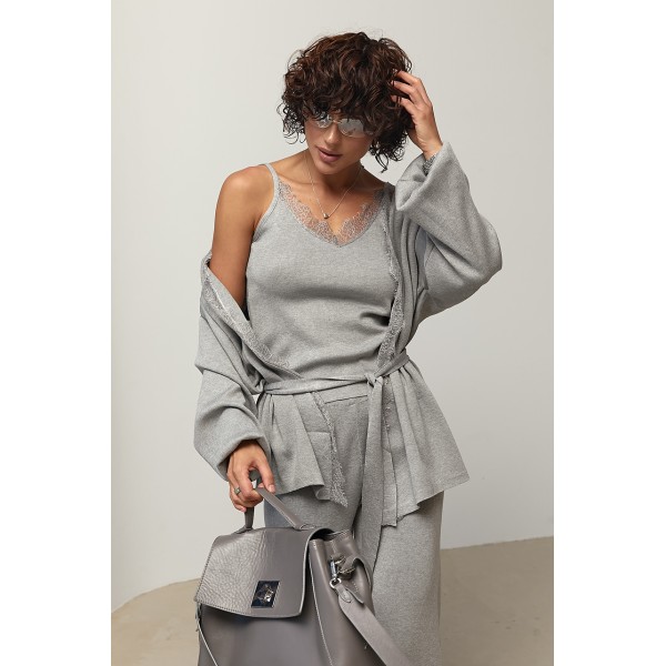 Костюм женский трикотажный кардиган топ брюки серый Lurex