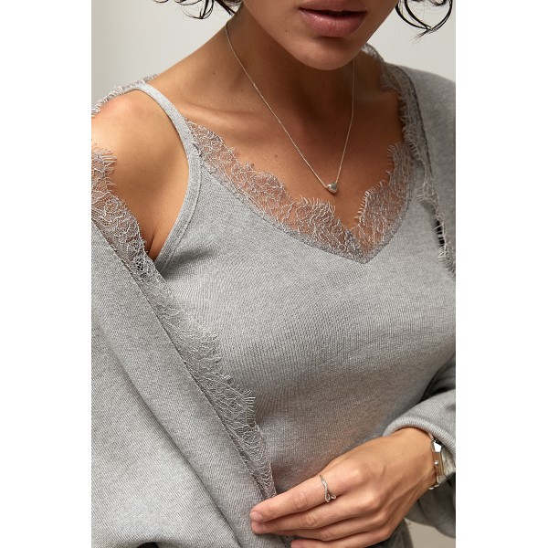 Костюм женский трикотажный кардиган топ брюки серый Lurex