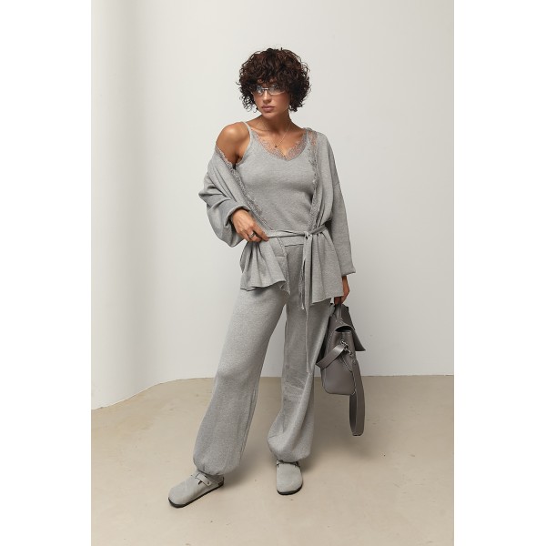 Костюм женский трикотажный кардиган топ брюки серый Lurex