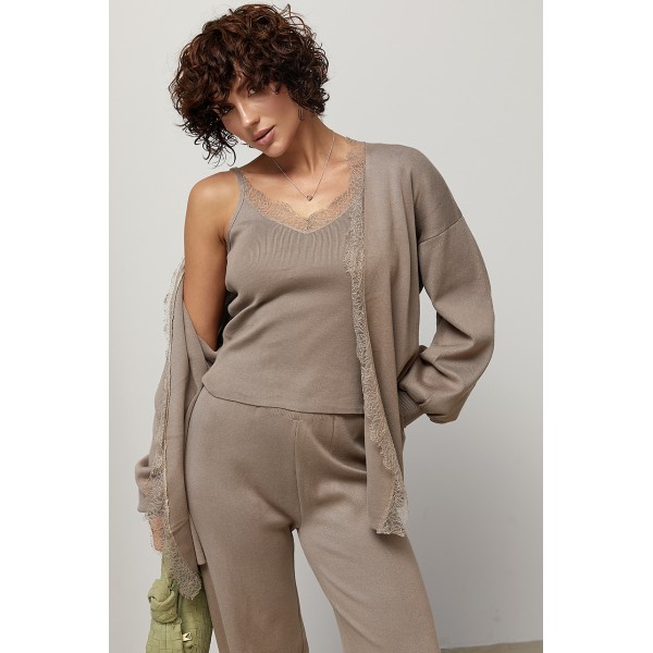 Костюм женский трикотажный кардиган топ брюки кофейный Lurex