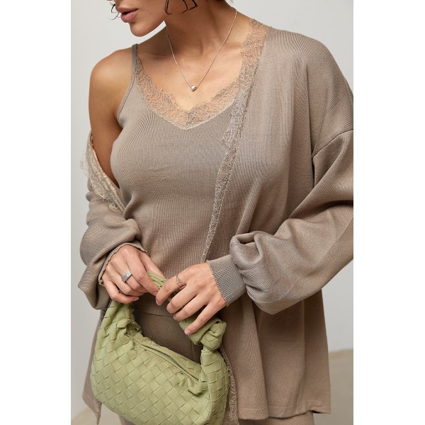 Костюм женский трикотажный кардиган топ брюки кофейный Lurex