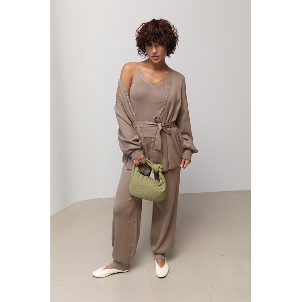 Костюм женский трикотажный кардиган топ брюки кофейный Lurex