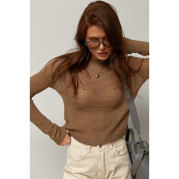 Кофта женская вязаная коричневая ажурная паутинка Lurex
