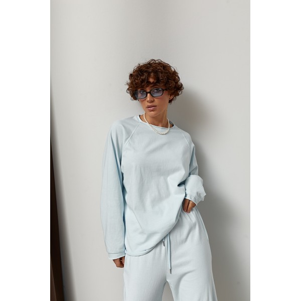 Костюм женский трикотажный с лонгсливом и палаццо голубой Lurex