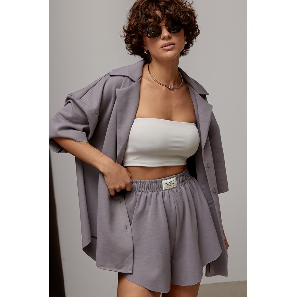 Костюм женский летний с рубашкой шортами хлопок серый Lurex
