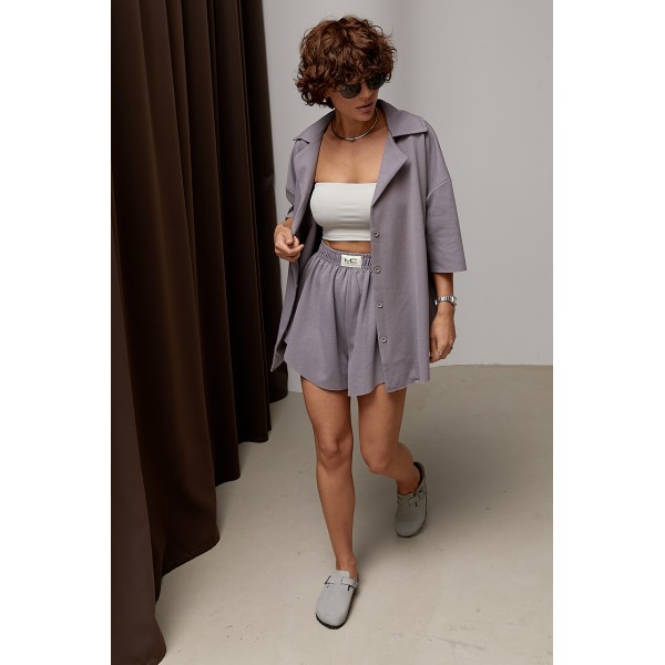 Костюм женский летний с рубашкой шортами хлопок серый Lurex