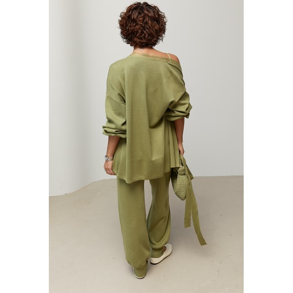 Костюм женский трикотажный кардиган топ брюки хаки Lurex